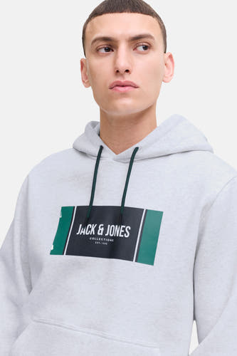 Pull-over gris avec capuche de CORE par JACK & JONES, avec logo bloc sur la poitrine et cordons.