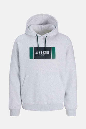 Pull-over gris avec capuche de CORE BY JACK & JONES, avec une impression rectangulaire sur la poitrine et des cordons.