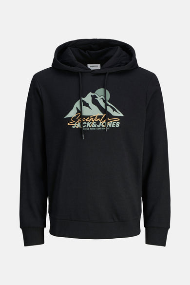Pull-over noir avec capuche d'ORIGINALS par JACK & JONES, à motif de montagne et cordon.