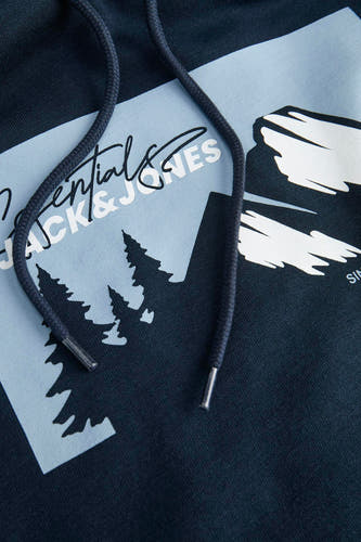 Pull-over bleu avec capuche d'ORIGINALS par JACK & JONES, avec imprimé graphique et cordon de serrage.