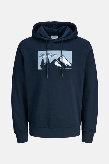 Pull-over bleu avec capuche d'ORIGINALS par JACK & JONES, imprimé de montagnes et d'arbres.