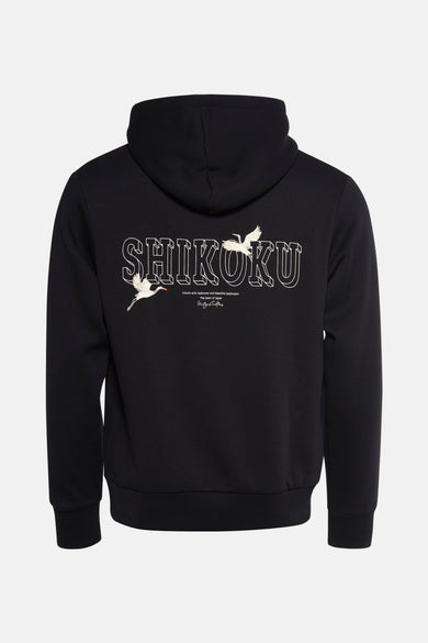 Zwarte hoodie met 'Shikoku'-opdruk en kraanvogels.