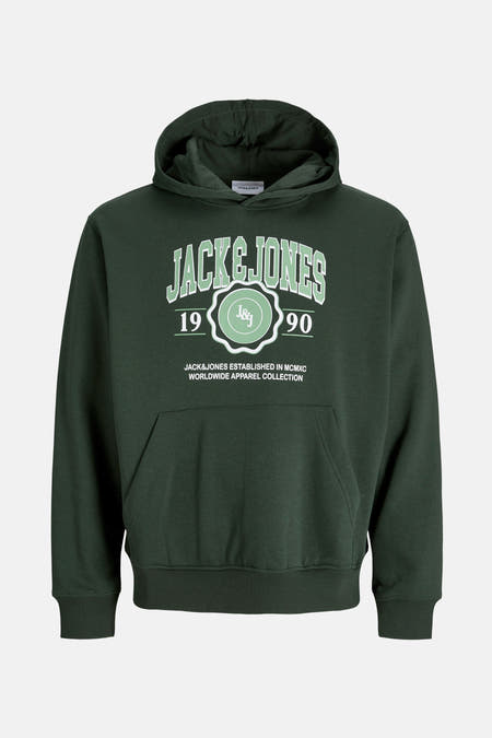 Pull-over vert de capuchon d'ORIGINALS par JACK & JONES, avec un imprimé en style scolaire.
