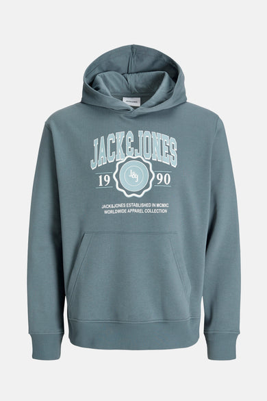 Pull-over bleu avec capuche d'Originals by Jack & Jones, avec une impression blanche sur la poitrine.