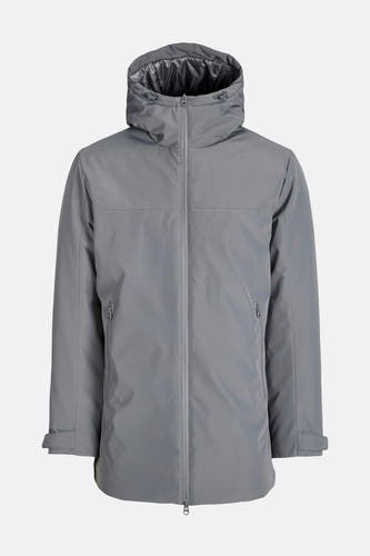 Manteau gris court d'ORIGINALS BY JACK & JONES, avec capuche et fermeture éclair.