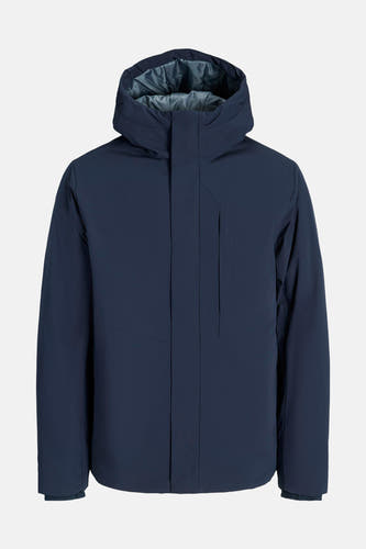 Manteau court bleu de CORE BY JACK & JONES, avec capuche et détails subtils.
