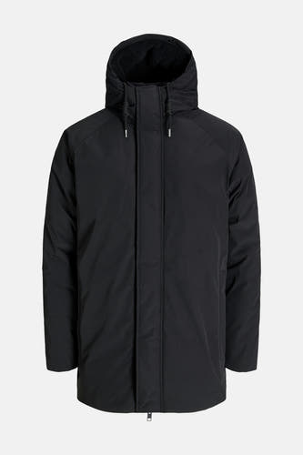 Manteau long noir d'ORIGINALS BY JACK & JONES, avec capuche doublée de fourrure synthétique.