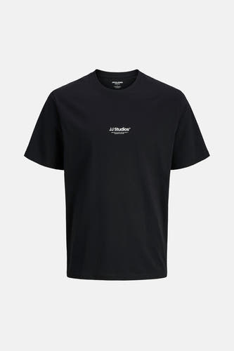 T-shirt noir à manches courtes de CORE BY JACK & JONES, avec une impression de logo blanc sur la poitrine.