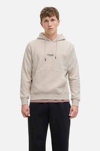 Gilet beige avec capuche de CORE BY JACK & JONES, avec un sac à dos et des cordons noirs.