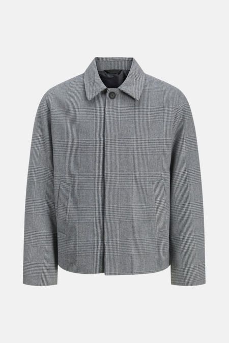 Manteau gris court de PREMIUM par JACK & JONES avec un motif à carreaux et une fermeture à boutons.