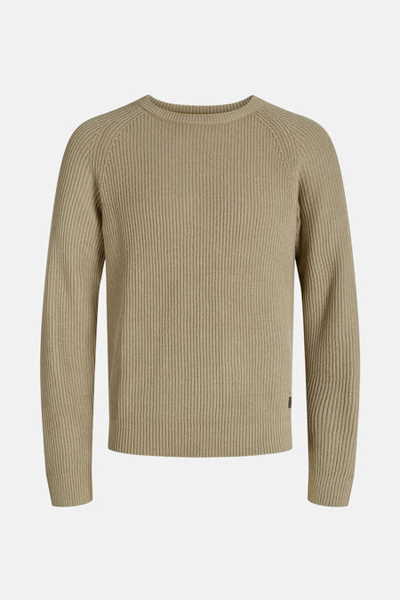 Gilet beige avec col rond de PREMIUM by JACK & JONES, en tricot côtelé.