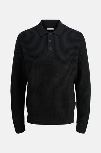 Pull noir à col V de PREMIUM par JACK & JONES, avec une texture côtelée et un boutonnage.