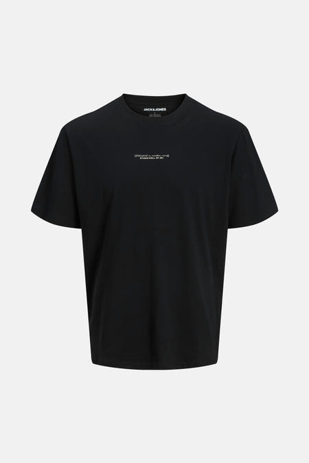 T-shirt noir à manches courtes de CORE BY JACK & JONES, avec une petite impression de texte blanc sur la poitrine.