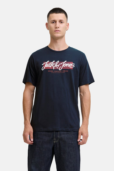T-shirt bleu à manches courtes d'ORIGINALS BY JACK & JONES, avec une impression de logo blanche.