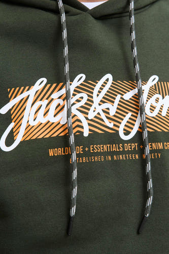 Sweater vert de cap d'ORIGINALS BY JACK & JONES, avec une impression blanche et un cordon.