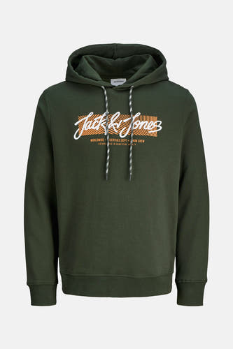 Pull-over vert vert avec capuchon d'ORIGINALS par JACK & JONES, avec des cordons blancs et un logo sur la poitrine.
