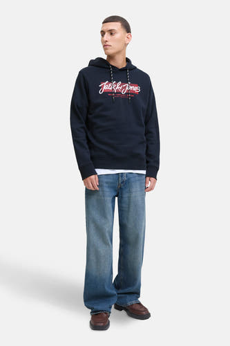 Pull-over bleu avec capuche d'ORIGINALS BY JACK & JONES, avec des cordons de serrage et un logo Jack & Jones sur la poitrine.