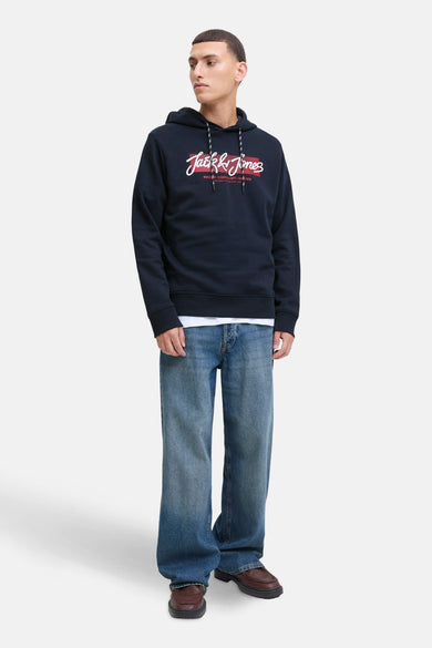 Pull-over bleu avec capuche d'ORIGINALS BY JACK & JONES, avec des cordons de serrage et un logo Jack & Jones sur la poitrine.