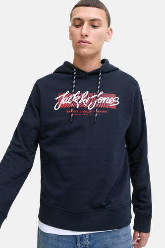 Pull-over bleu avec capuche d'ORIGINALS BY JACK & JONES, avec logo blanc et rouge imprimé et cordons.