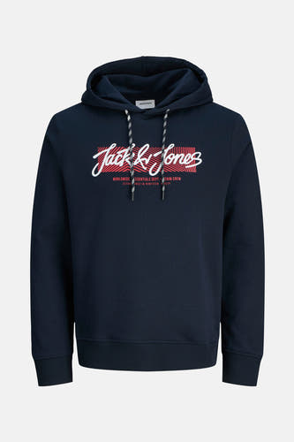 Pull-over bleu avec capuche d'ORIGINALS par JACK & JONES, avec une inscription blanche et des cordons.