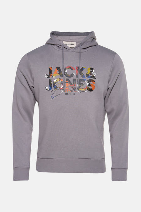 Pull-over gris avec capuche d'ORIGINALS BY JACK & JONES, avec une impression de logo colorée sur la partie avant.