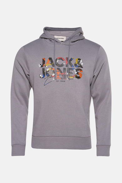 Pull-over gris avec capuche d'ORIGINALS BY JACK & JONES, avec une impression de logo colorée sur la partie avant.