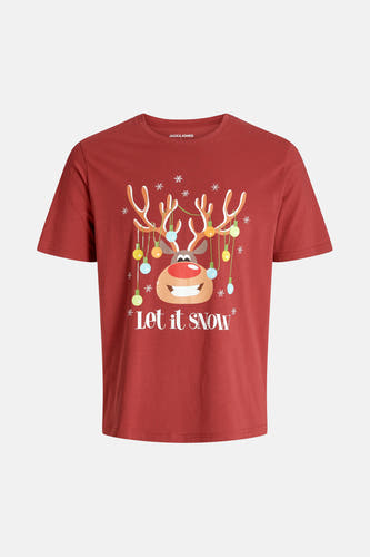 T-shirt rouge à manches courtes d'ORIGINALS BY JACK & JONES, avec un motif de Noël et le texte 'Let it snow'.