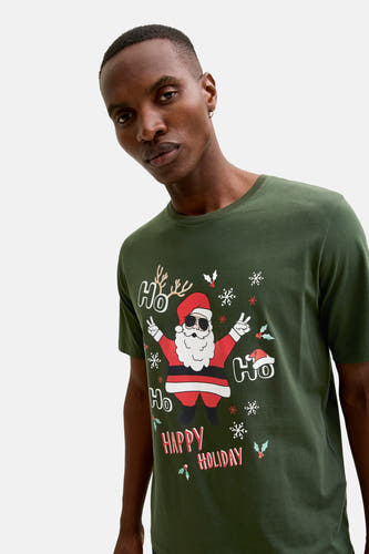 T-shirt vert de mantes courtes parSS BY JACK & JONES, avec un imprimé de Père Noël portant des lunettes de soleil.