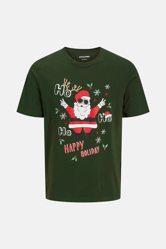 T-shirt vert de mantes courtes par ORIGINALS BY JACK & JONES, avec un imprimé Père Noël et le texte "Happy Holiday".