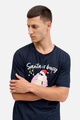 T-shirt bleu à manches courtes d'ORIGINALS BY JACK & JONES, avec une impression de Père Noël paresseux.