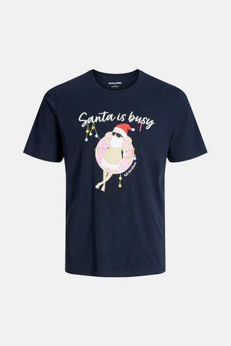T-shirt bleu à manches courtes d'ORIGINALS BY JACK & JONES, avec une impression graphique d'un père Noël portant un masque de soleil sur une bouée rose.