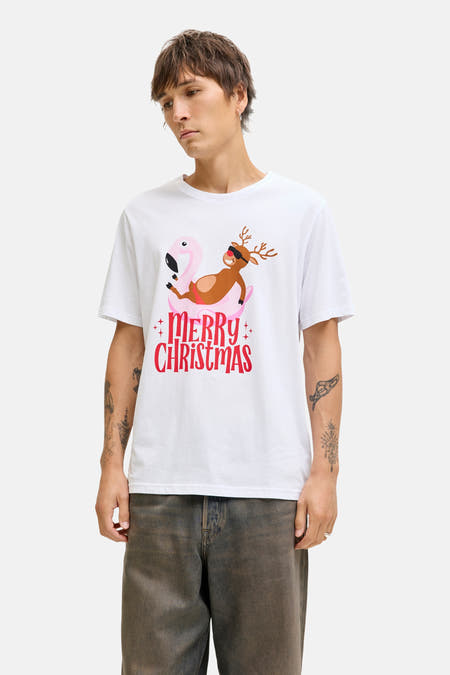 T-shirt blanc à manches courtes d'ORIGINALS BY JACK & JONES, avec un renne sur un flamingo et le texte "Joyeux Noël".