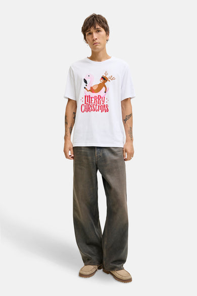 T-shirt blanc à manches courtes d'ORIGINALS BY JACK & JONES, avec une impression de Noël d'un renne sur un flamingo rose.