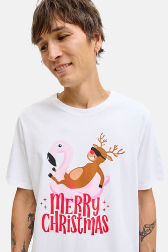 T-shirt blanc à manches courtes d'ORIGINALS BY JACK & JONES, avec une impression d'un renne sur un lit de flamingo.