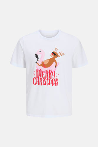 T-shirt blanc à manches courtes d'ORIGINALS par JACK & JONES, avec une impression de renne sur un flamingo.