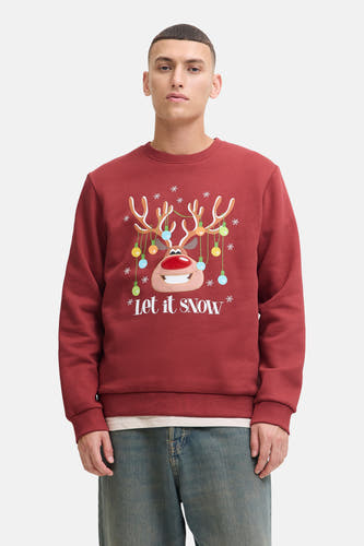 Gilet rouge avec col rond d'ORIGINALS BY JACK & JONES, avec un motif de Noël et le texte "Let it Snow".