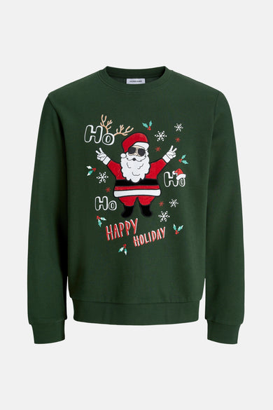 Pull-over vert de ORIGINALS BY JACK & JONES avec un motif de Noël d'un Père Noël avec des lunettes de soleil et 'Ho Ho Happy Holiday'.