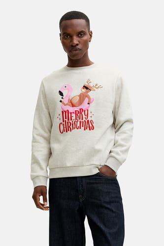Gilet gris d'ORIGINALS BY JACK & JONES, avec un imprimé de Noël d'un renne sur un flamingo et du texte.