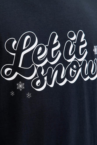T-shirt bleu marine à manches courtes d'ORIGINALS BY JACK & JONES, avec du texte blanc "Let it snow" et des flocons de neige.