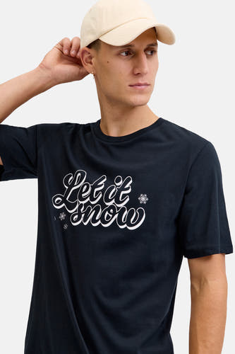 T-shirt bleu marine à manches courtes d'ORIGINALS BY JACK & JONES, avec impression de texte "Let it snow" et flocons de neige.