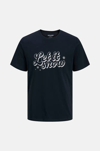 T-shirt bleu marine à manches courtes d'ORIGINALS BY JACK & JONES, avec le texte "Let it snow" et des flocons de neige.