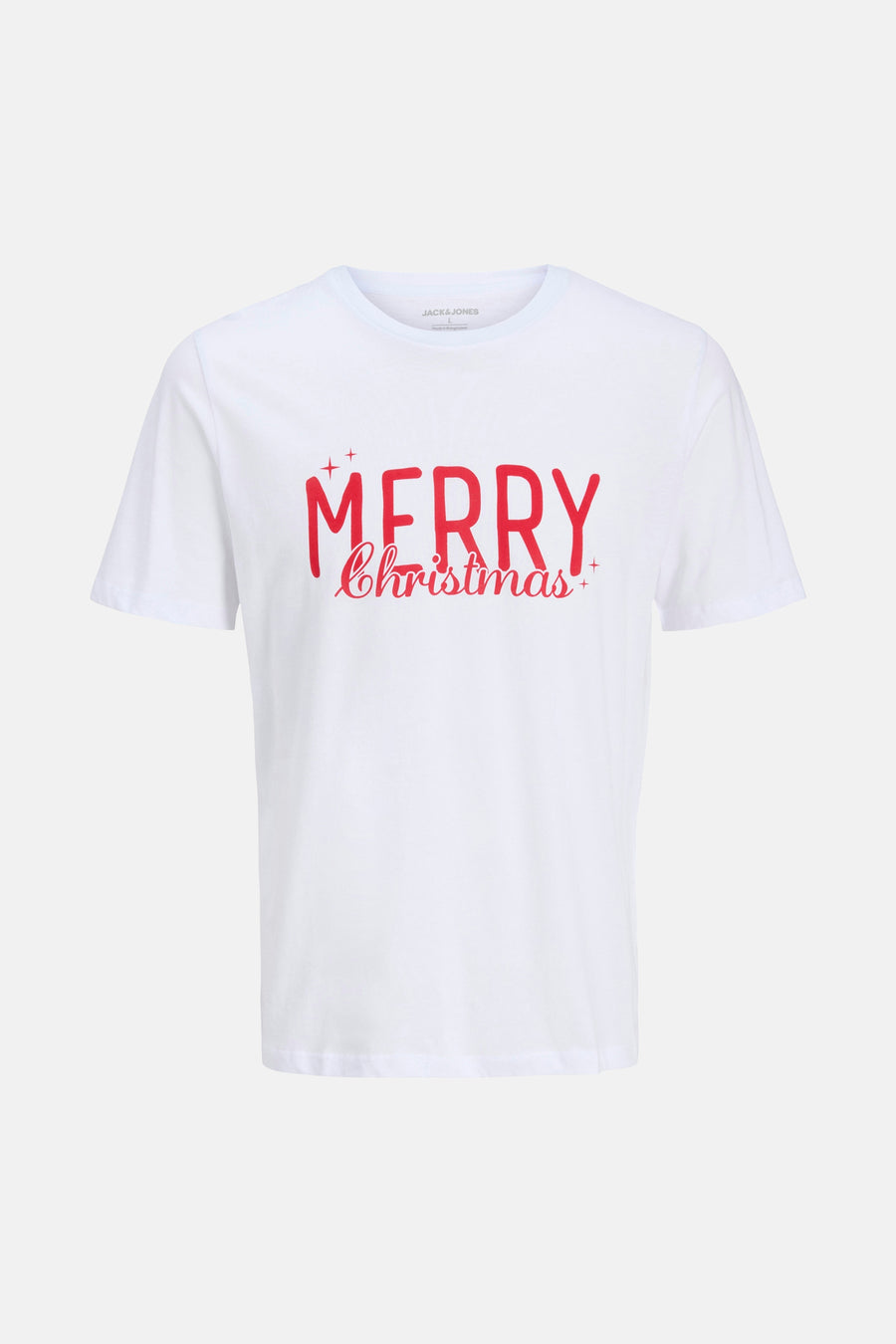 Wit T-shirt met rode "Merry Christmas" opdruk.