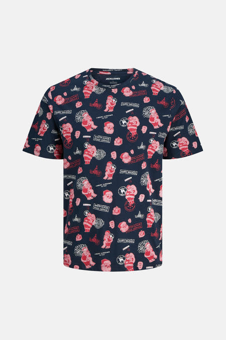 T-shirt bleu à manches courtes d'ORIGINALS par JACK & JONES, avec un motif de Noël en rouge et blanc.