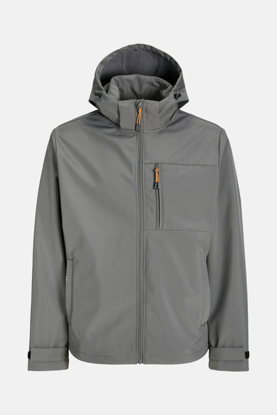 Manteau court gris de CORE par JACK & JONES, avec capuche et accents orange sur les fermetures éclair.