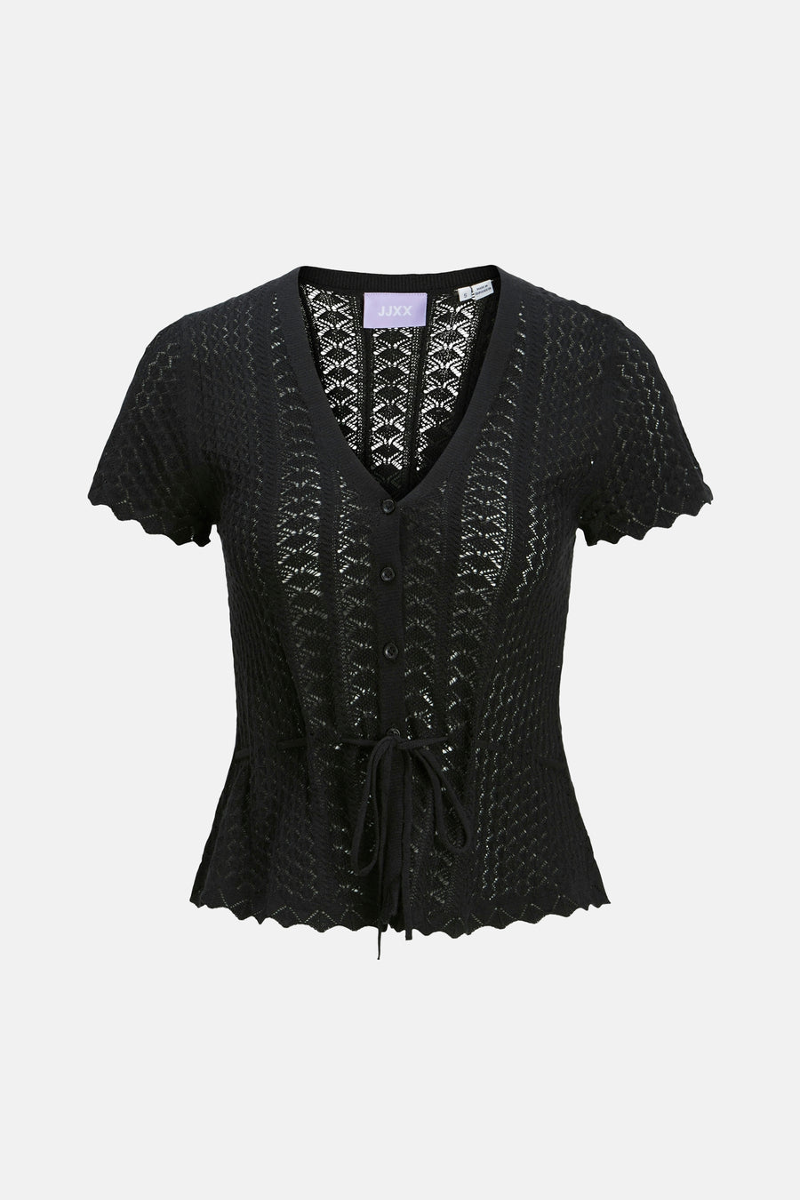 Pull noir JJXX avec motif tricoté, manches courtes et ceinture élastiquée.