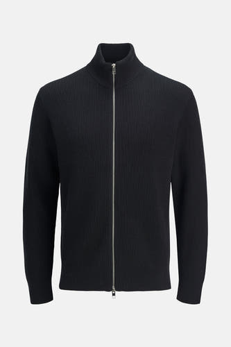 Gilet noir de CORE BY JACK & JONES avec une texture côtelée et une fermeture éclair argentée.