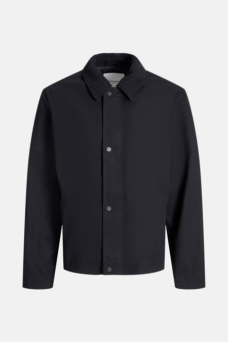 Manteau court noir d'ORIGINALS BY JACK & JONES avec un col en corduroy et une fermeture à boutons.