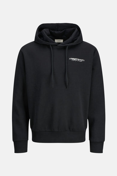 Gilet noir avec capuche de JJREBEL avec cordons et subtil imprimé texte blanc.