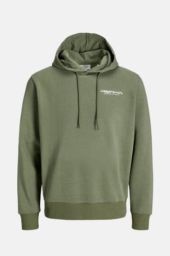 Sweater vert de JJREBEL avec capuche, cordon de serrage et logo blanc imprimé sur la poitrine.