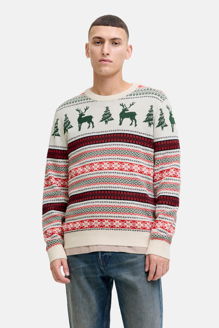 Sweat-shirt multicolore avec col rond d'ORIGINALS BY JACK & JONES, avec des motifs de sapin de Noël et de renne.